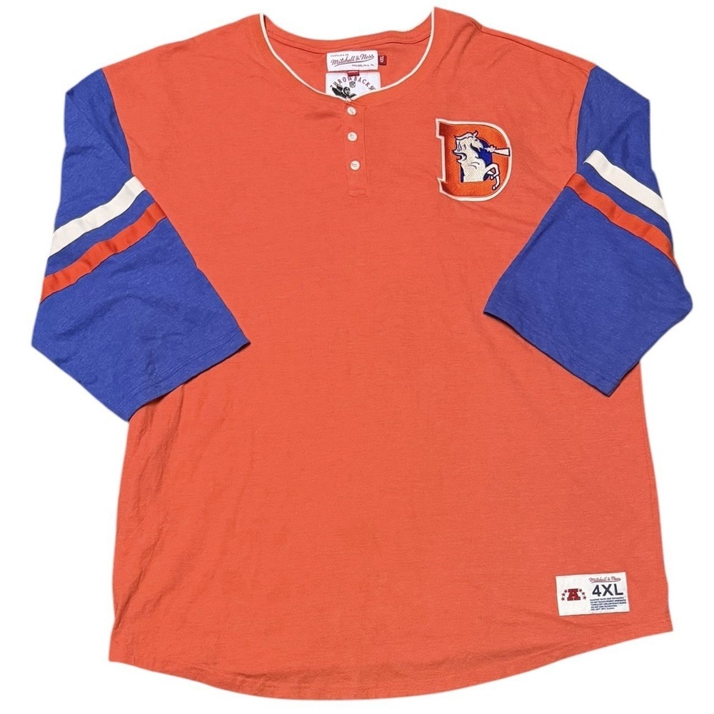Denver Broncos Mitchell & Ness Orange Homestretch Henley 3/4 Sleeve Mens‎ 4XL